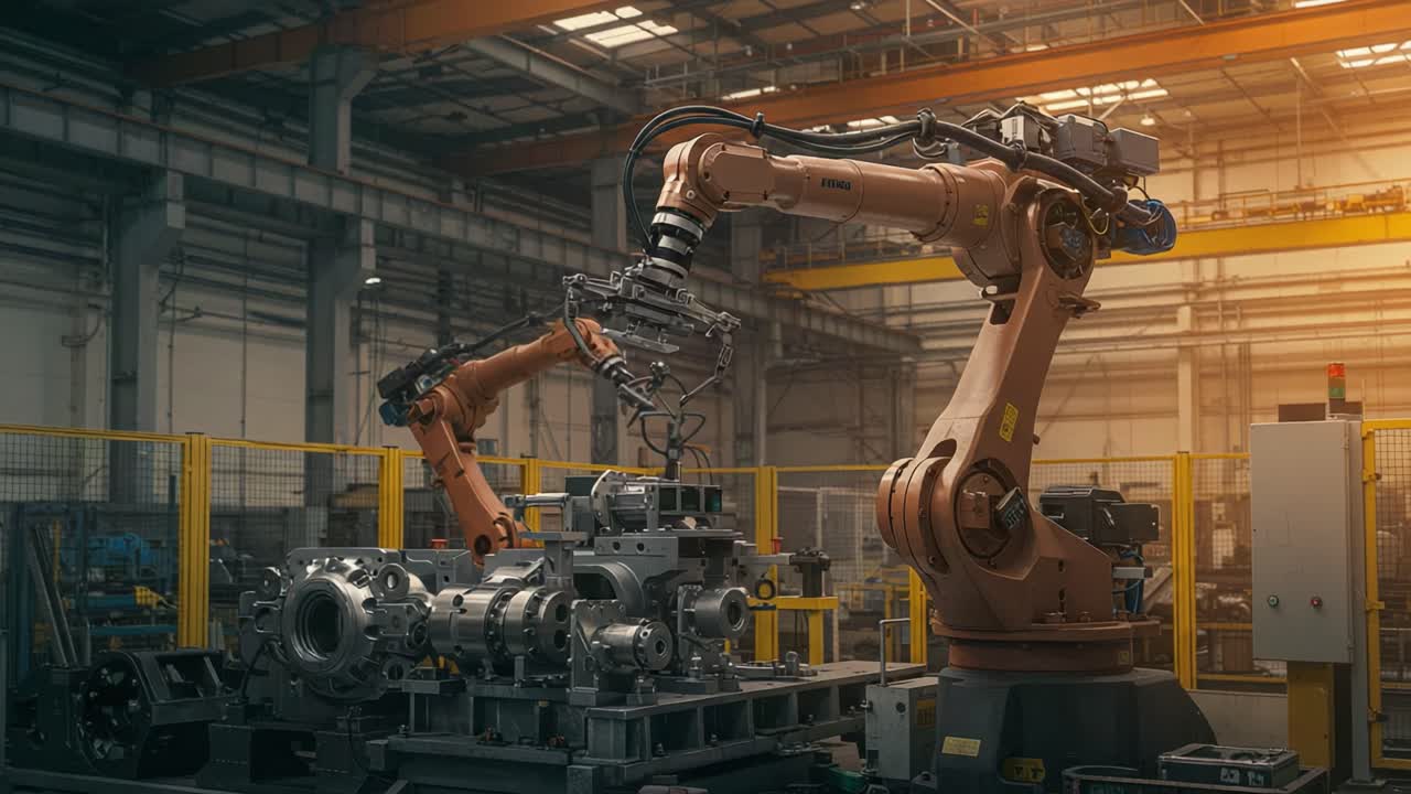 Advanced Industrial Robotics: Automated Robotic Arms Collaborating in a Modern Manufacturing Environment, Enhancing Efficiency and Precision in Production Processes