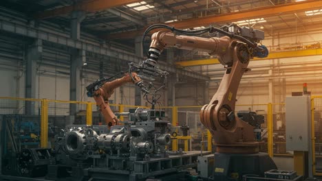 advanced industrial robotics: automated robotic arms collaborating in a modern manufacturing environment, enhancing efficiency and precision in production processes
