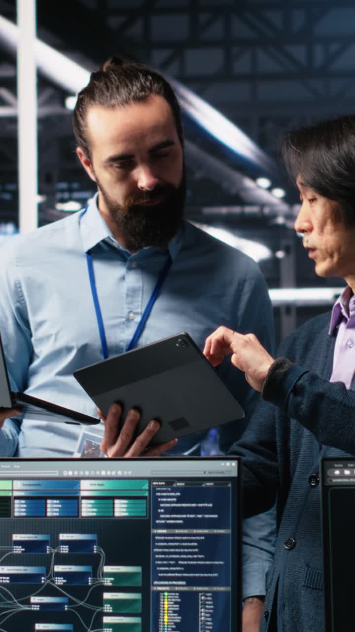 Vertical video Data center manager supervising developer using device to monitor neural network