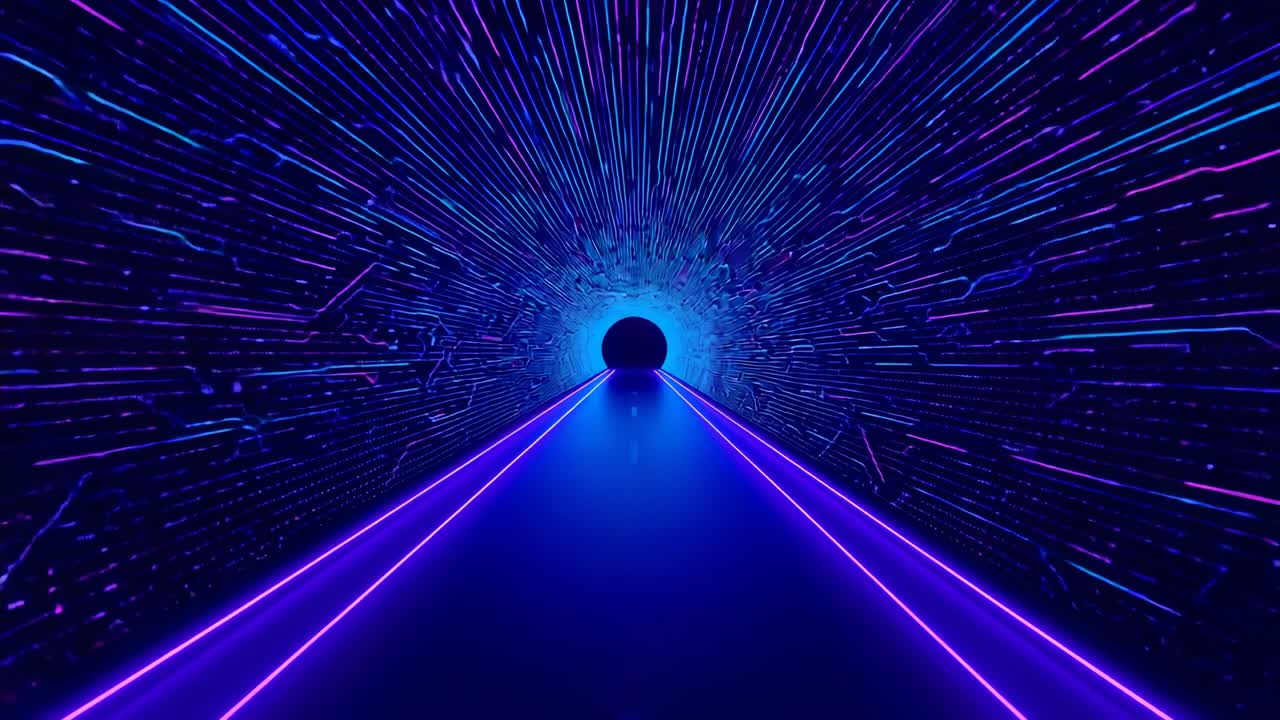 Opening shot framing neon-lit corridor racing via portal tunnel pulsing streaks enhancing immersion