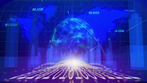 binary coding and spinning globe against 3d cityscape and world map on blue background