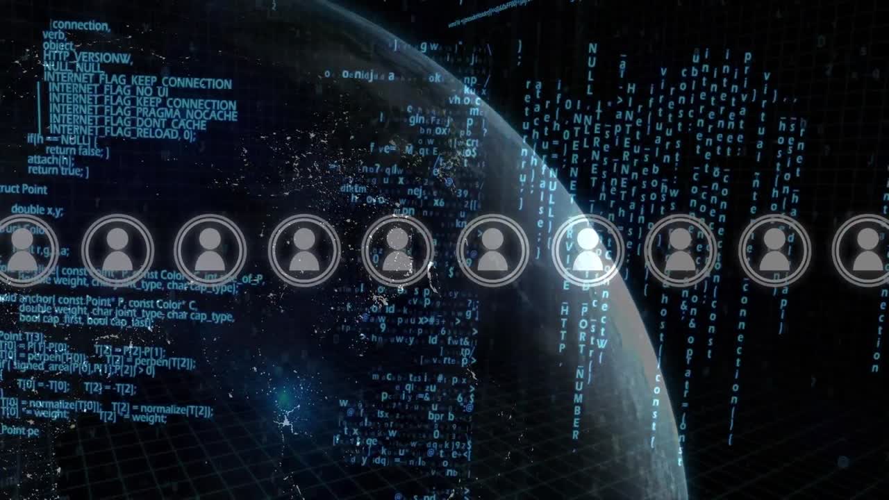 Animation of data processing and digital people icons over globe