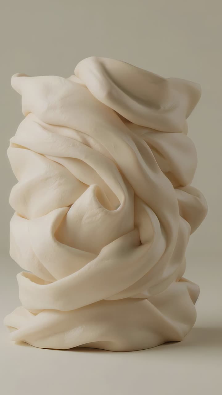 Video verticale: spostamento superiore che causa il collasso e la diffusione della massa di crema su uno sfondo beige da studio