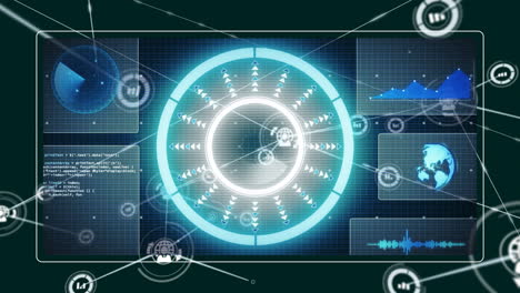 animation of network of connections with icons and data processing over screens