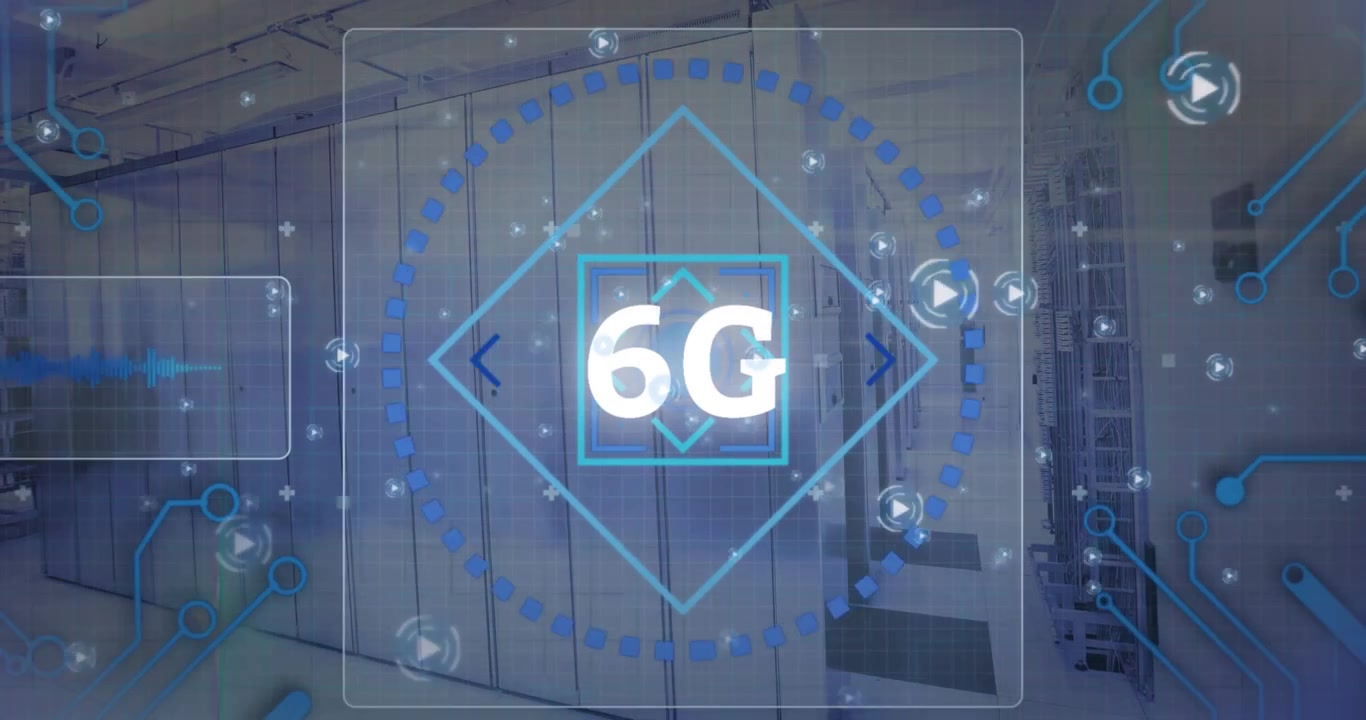 In data center, digital interface showing 6G technology concept with animation