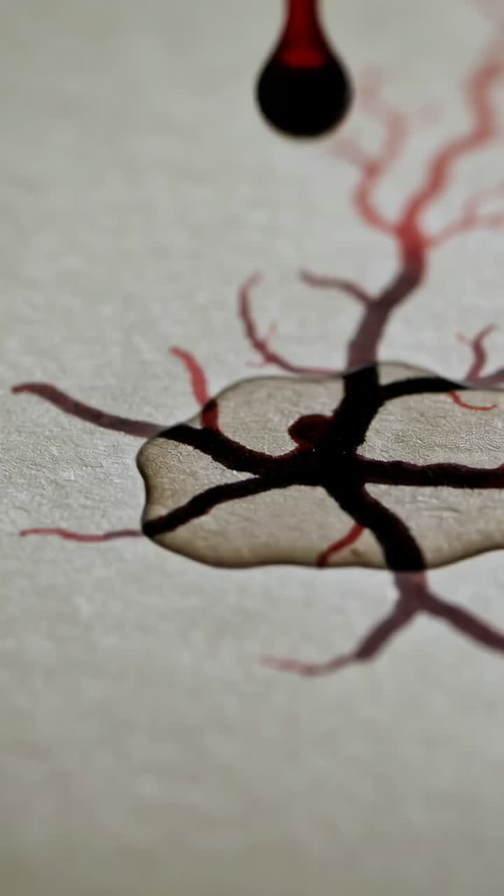 Vertical video: Falling droplet from dropper, red ink spreading on textured paper, creating pattern