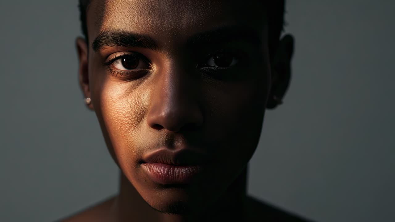 Moving warm beam revealing cheek detail on center face in studio, with bare-shoulders, stud earring