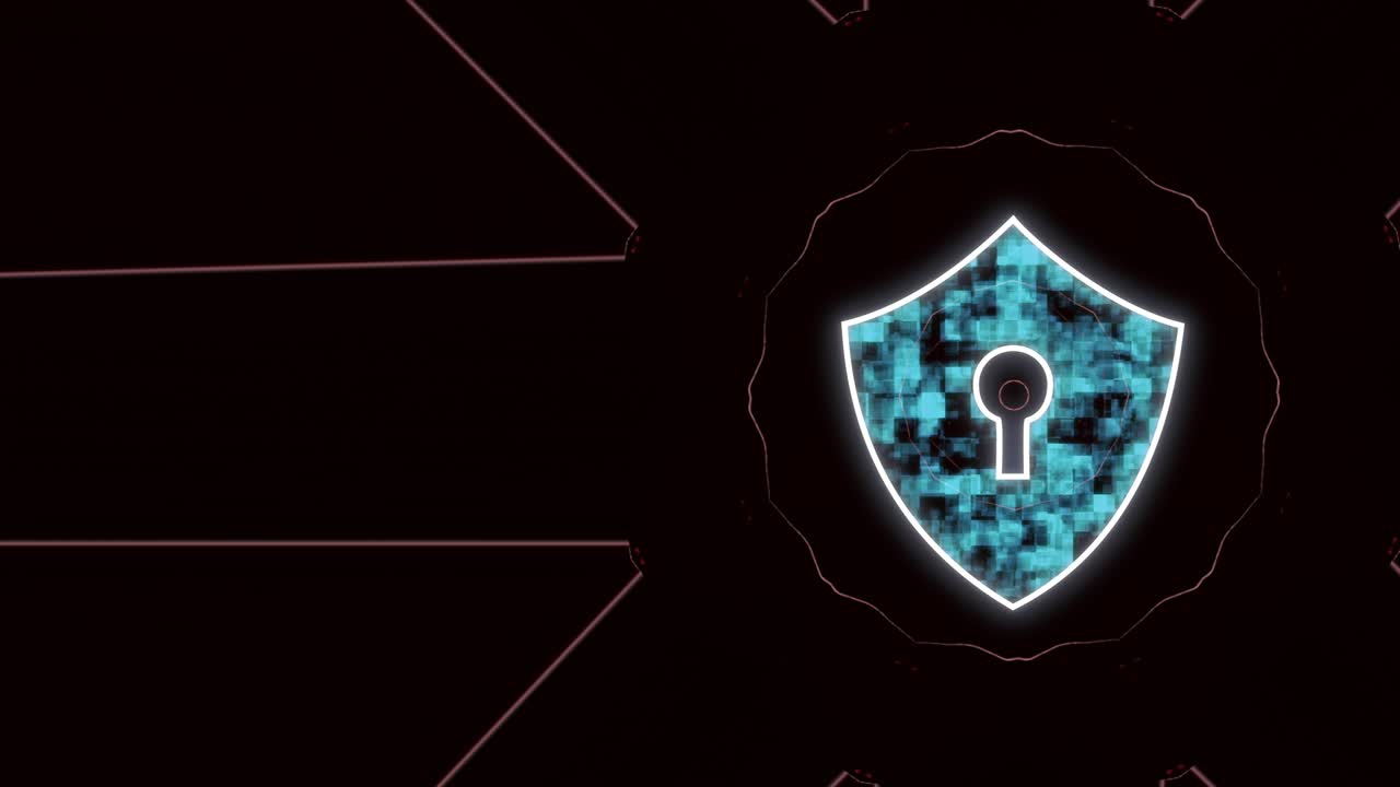 lucchetto blu radiante in cerchio rosso su sfondo nero con circuito digitale astratto che appare.