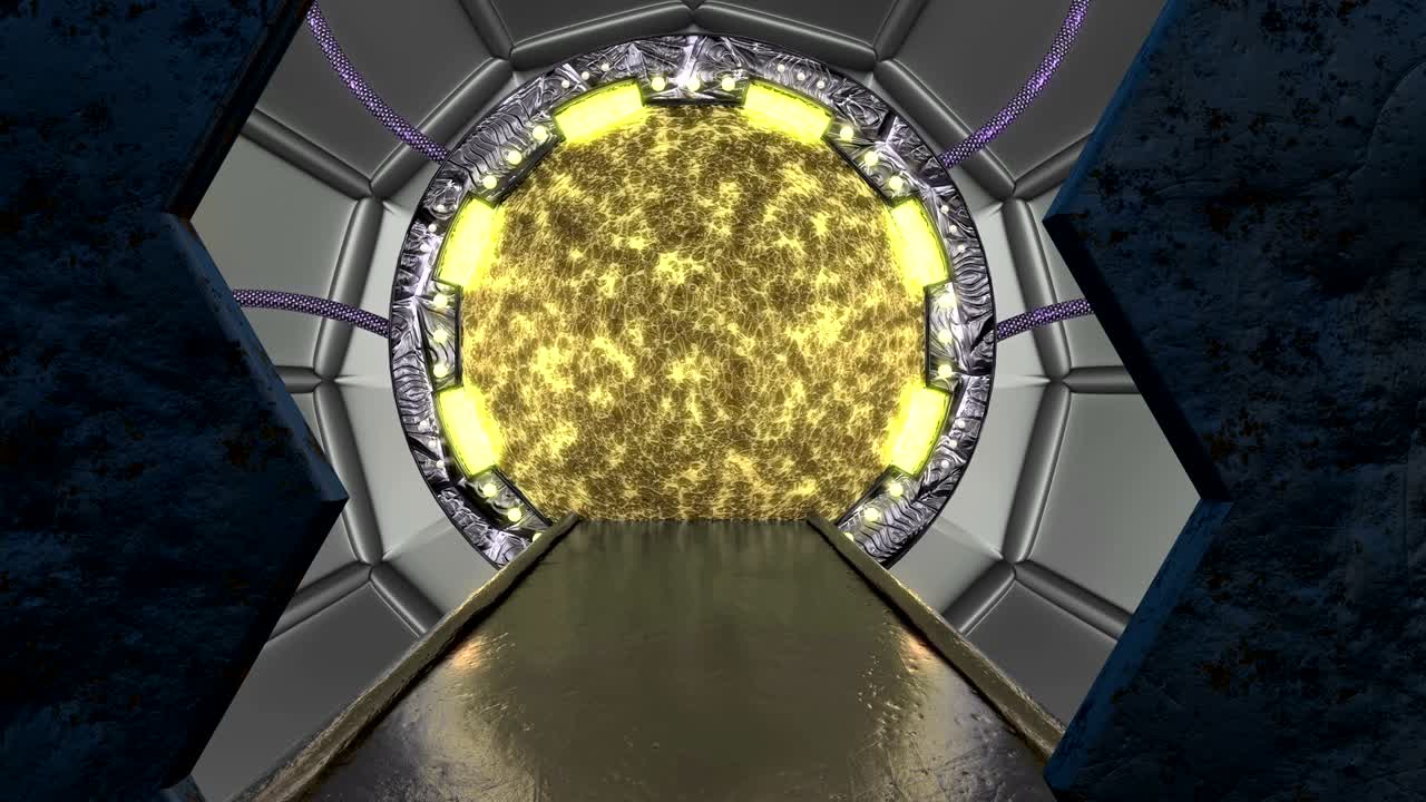 포털과 함께 공상 과학 복도의 3d 추상적인 배경 미래 기술 추상 기술 제목과 배경에 대한 원활한 vj.