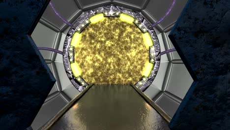 panoramic view to the station landscape scene. 3d abstract background of sci-fi corridor with portal. futuristic technology abstract seamless vj for tech titles and background.