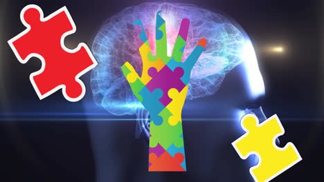 animación de coloridas piezas de rompecabezas mes de concienciación sobre el autismo mano sobre la cabeza humana