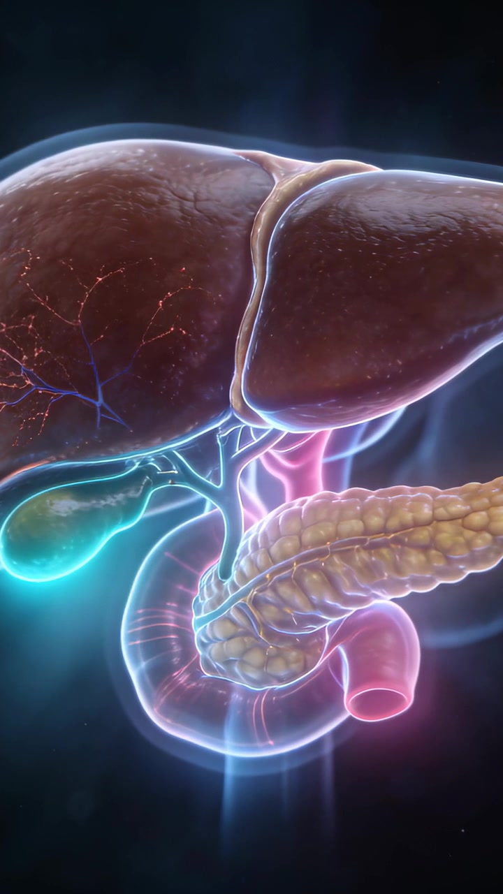 Vertical video: Panning camera, organs rotating in studio, neon ducts pulsing to show links