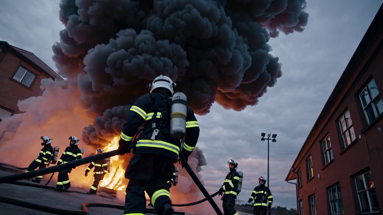 Dynamic low-angle video shot of firefighters in action, running towards a burning building