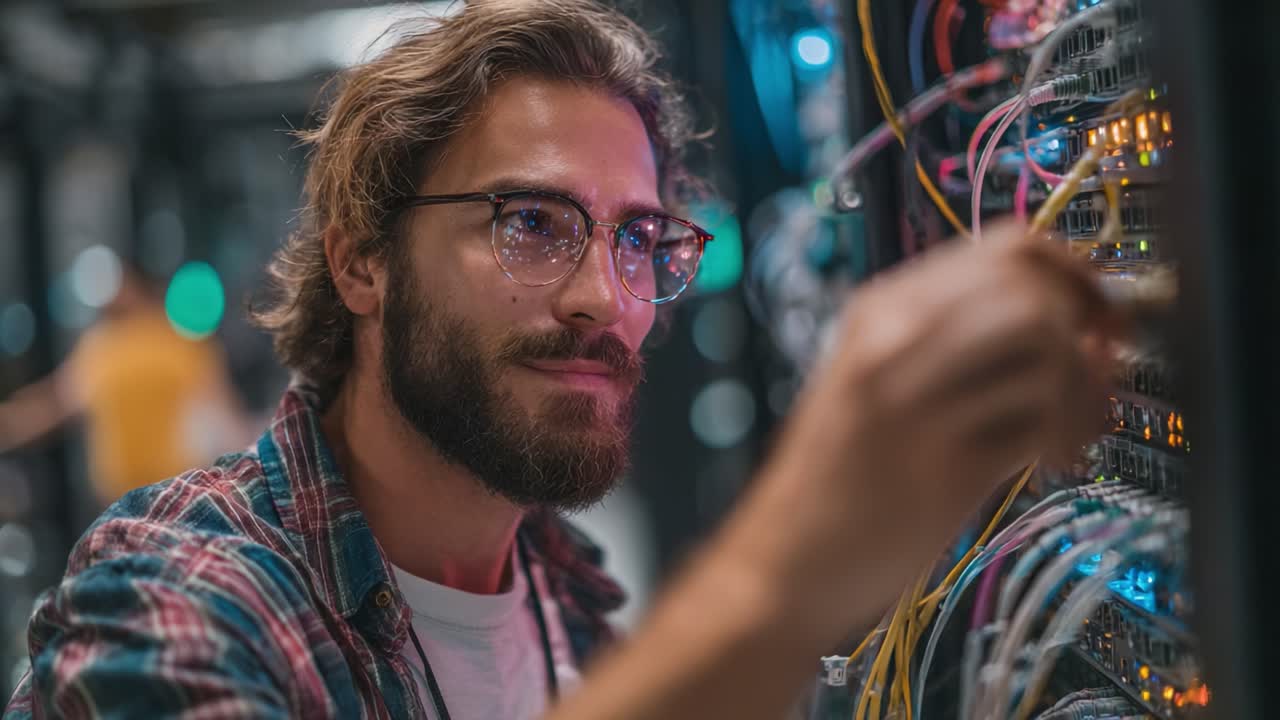 Geconcentreerde technicus die kabels afstelt in een serverruimte, en expertise toont in netwerkinstallatie en -onderhoud met meerdere kleurrijke draden en lampen.
