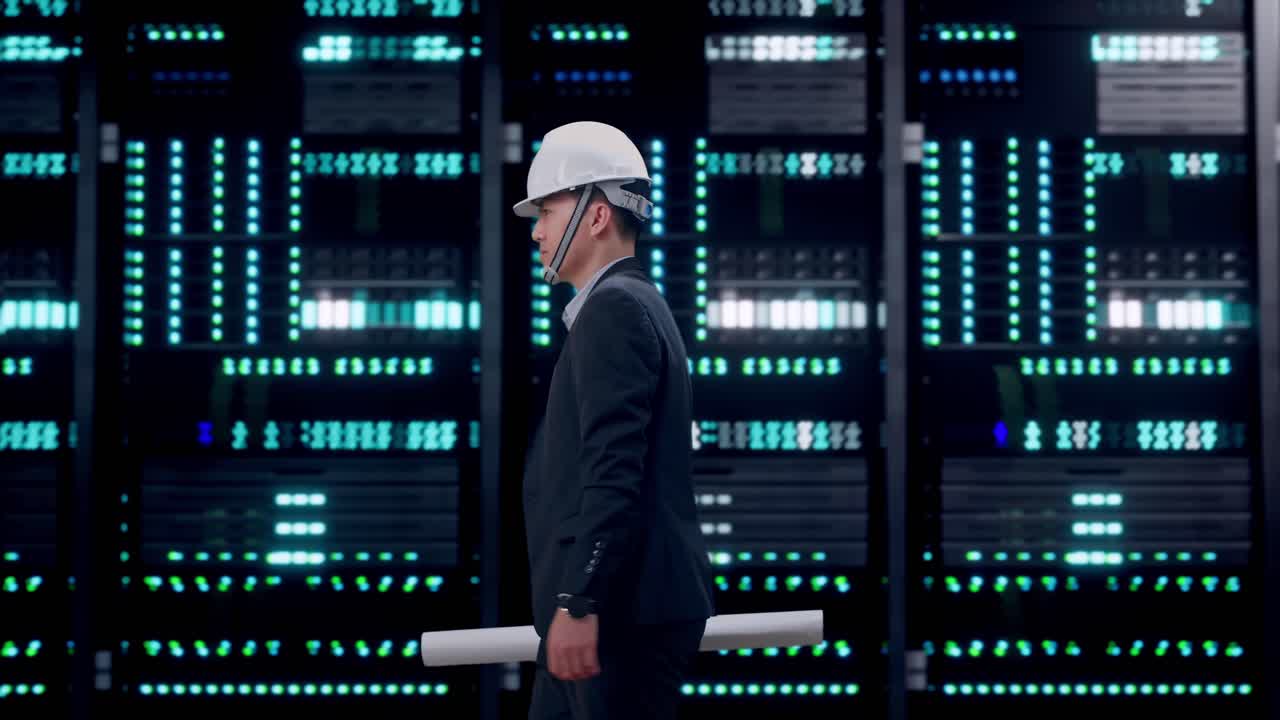 Side View of Asian Businessman Holding Blueprint While Walking in Server Room Data Center