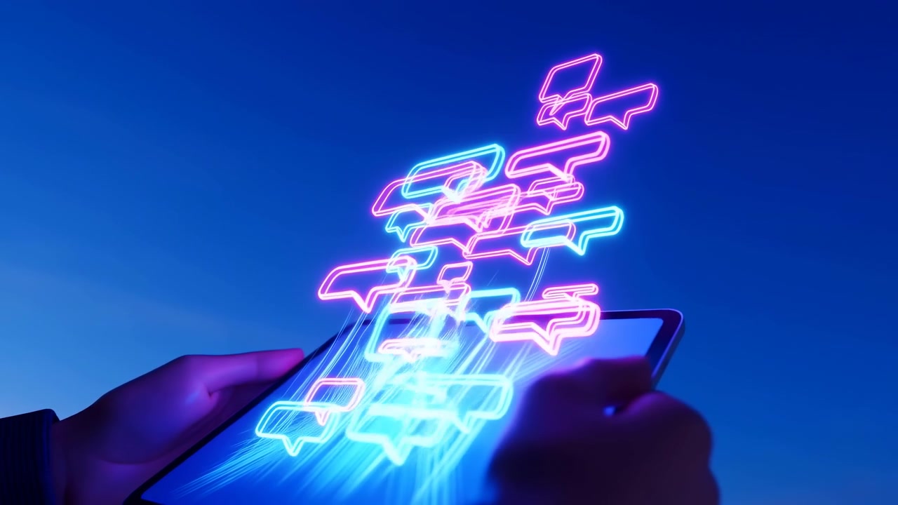 Close-up de baixo ângulo de mãos segurando um smartphone enquanto balões de fala de néon e rastros de luz ciano sobem da tela em um brilho vertical em camadas contra um céu azul escuro do crepúsculo, sugerindo mensagens modernas