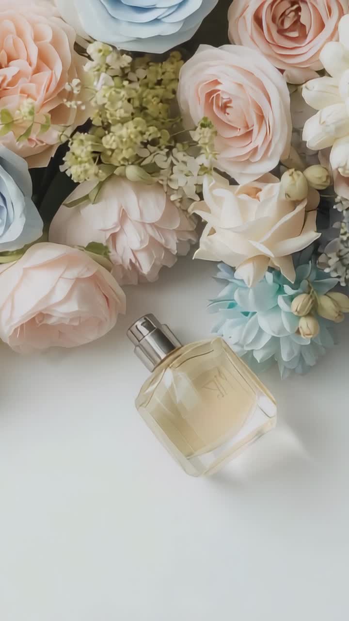 Video verticale: carrellata che rivela un flacone di profumo di vetro su un tavolo, con fiori in mostra