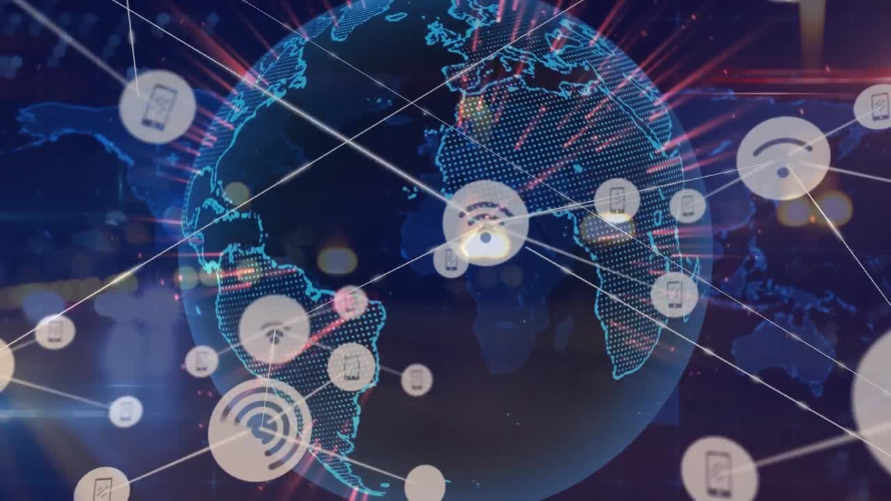 Animation of network of connections with icons and globe over cityscape