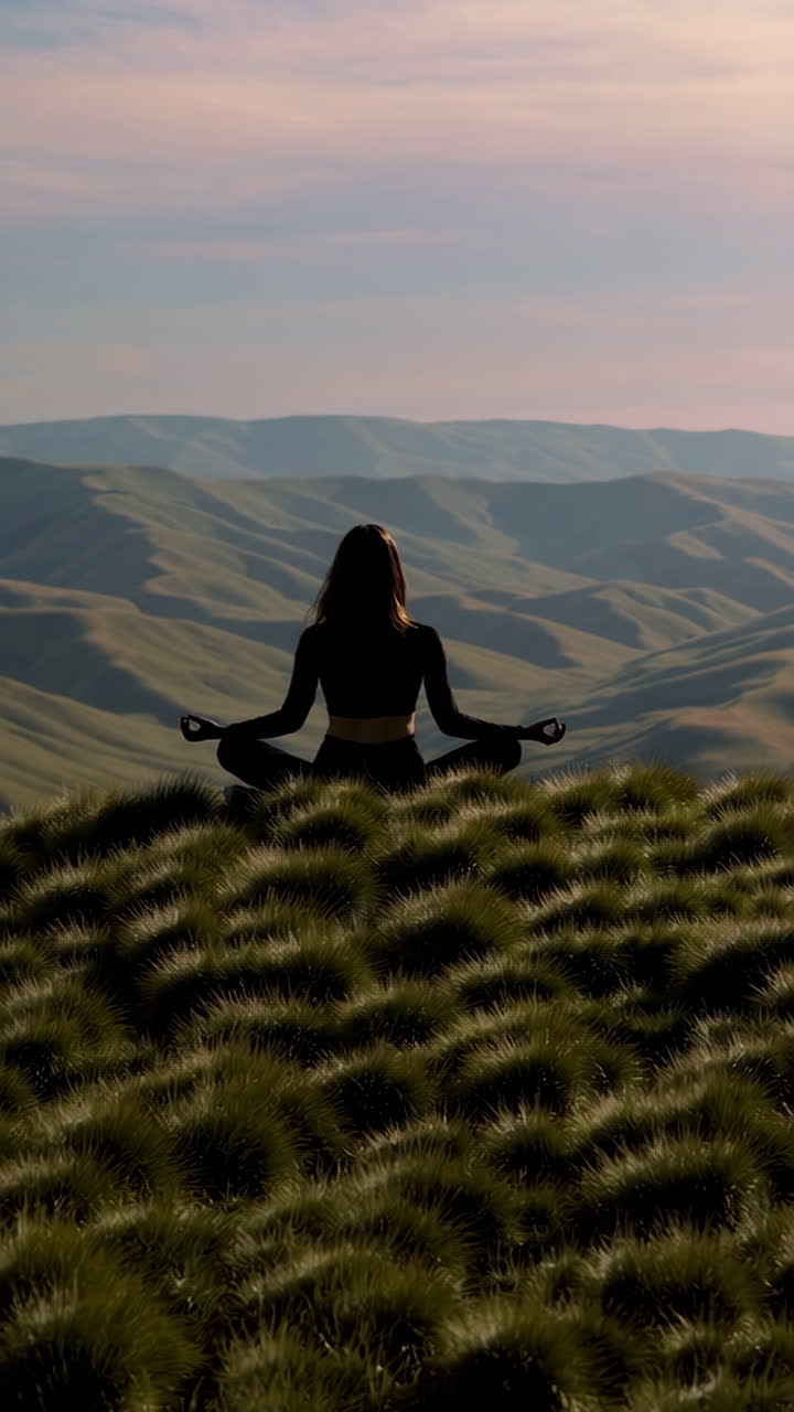 Woman Meditating on a Grassy Hilltop at Sunset
