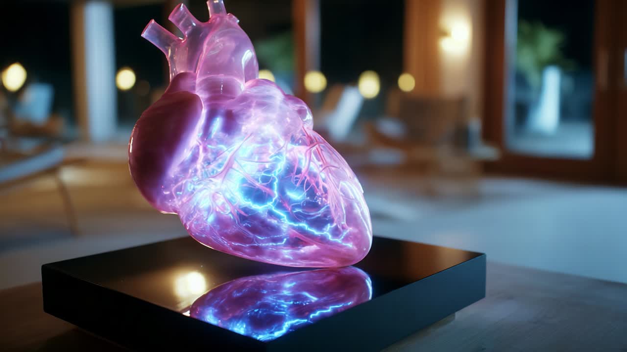 A Stunning 3D Rendering of a Luminous Heart Model Showcasing Vibrant Colors and Electrical Energy, Perfectly Illustrated in a Modern Setting with Soft Ambient Lighting