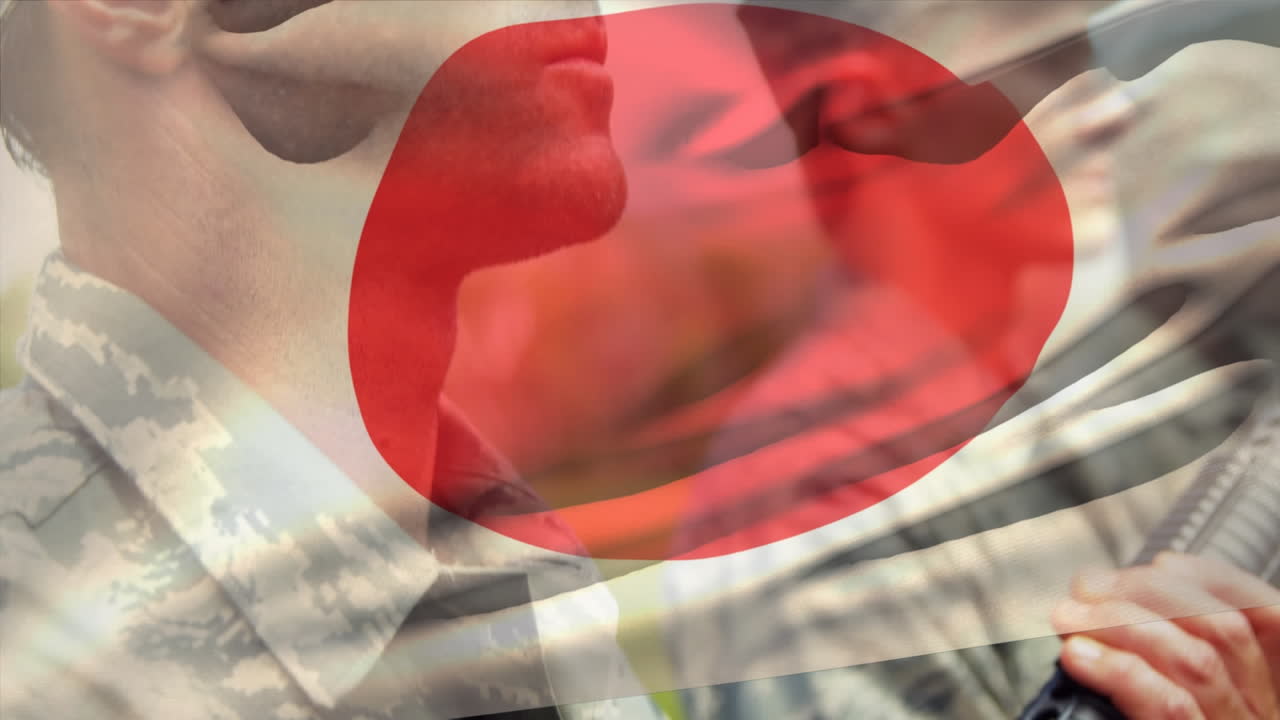 다양한 남성 군인 위에 일본 국기를 그린 애니메이션