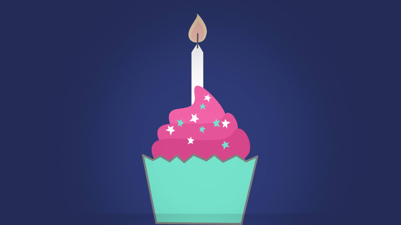 Animazione di cupcake con candela su sfondo blu