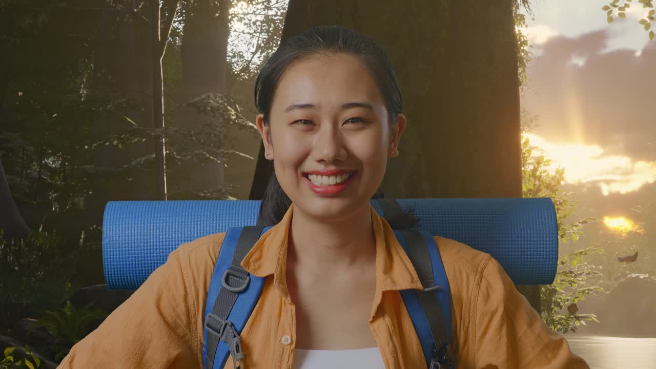 primer plano de una excursionista asiática con una mochila de montañismo sonriendo y posando brazos akimbo mientras explora la naturaleza del bosque