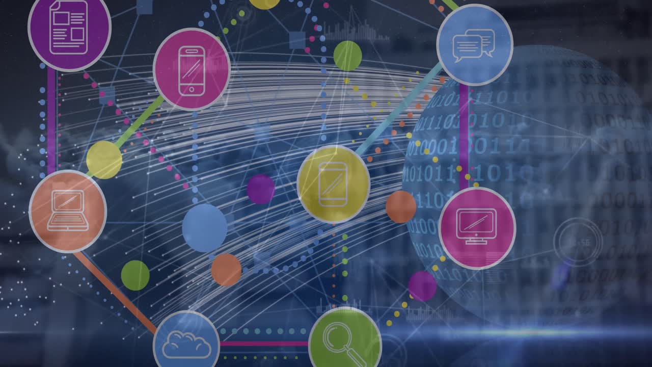animación de una red de iconos digitales sobre nubes contra rastros de luz sobre el globo sobre fondo azul