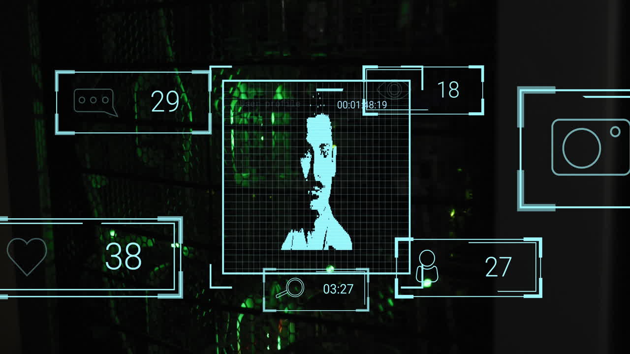 анимация меняющихся иконок профиля на фоне компьютерного сервера