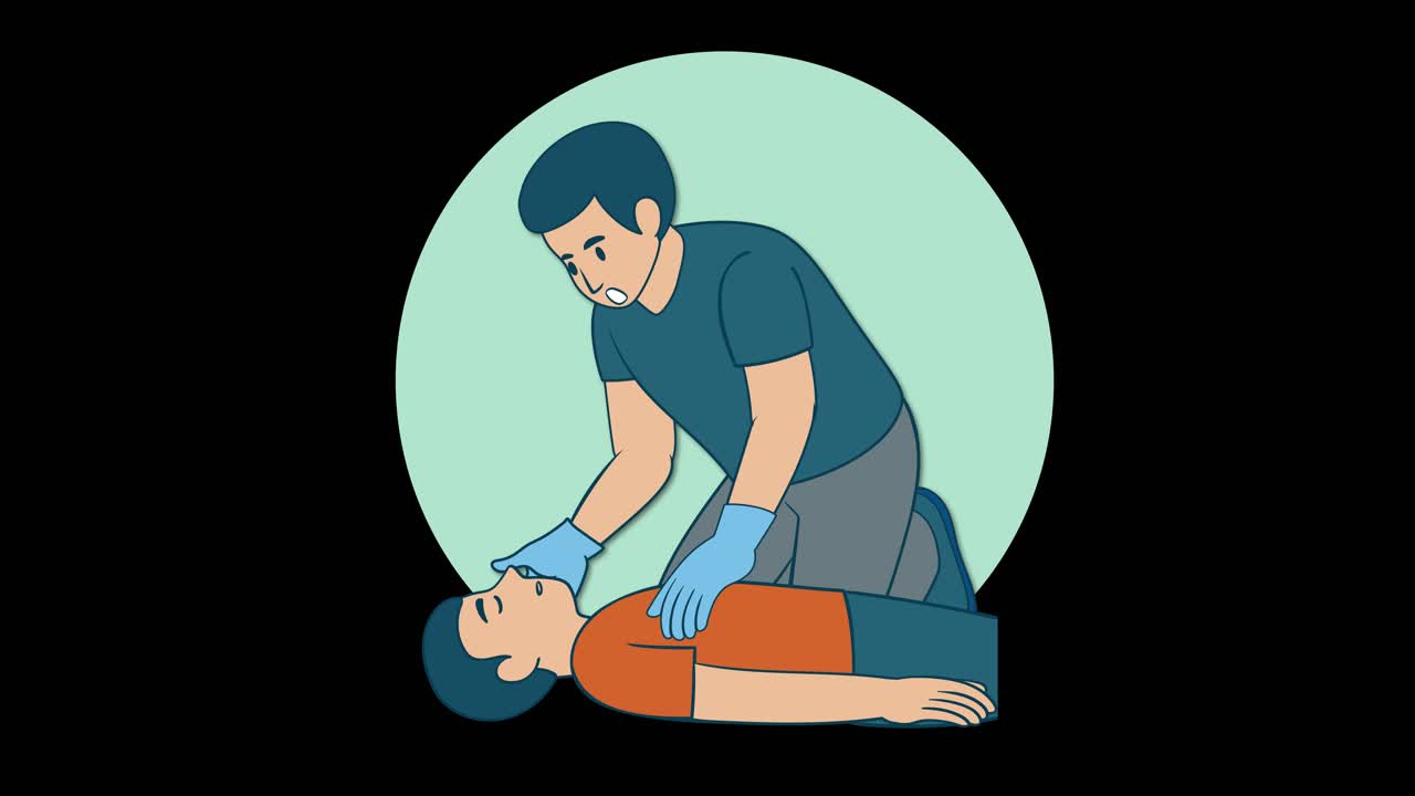 Medical professional checks responsiveness, then performs chest compressions on unresponsive person, flat black background