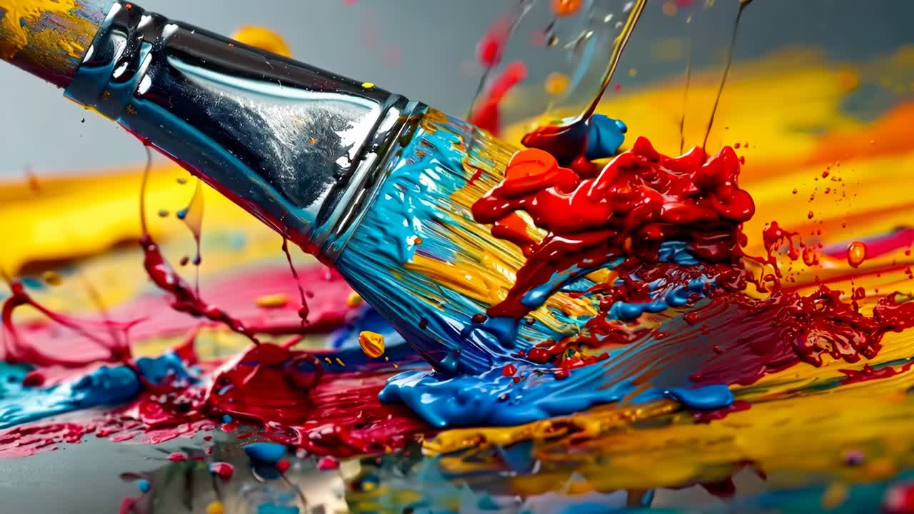 A paintbrush with colorful paint splashing out of it