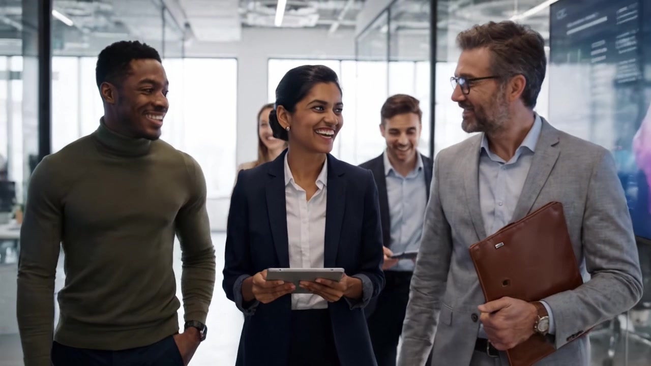 A Dynamic Business Meeting: Professionals Collaborate in a Modern Office Setting While Engaging Over Technology and Ideas for Growth and Innovation