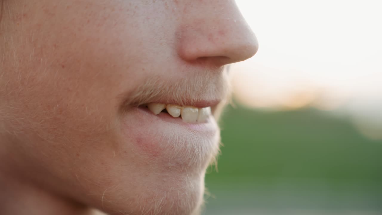 Giovane uomo bianco che sorride giocosamente al tramonto, movimento delle labbra e leggero gesto della lingua, mento lentigginoso con leggera barba incolta, primo piano di bocca e mascella, umore rilassato e amichevole, luce naturale calda, scatto spontaneo all'aperto.