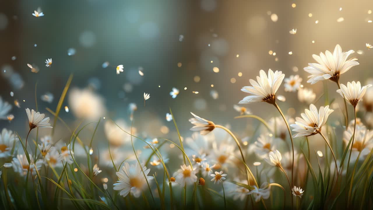 A Captivating Scene of Delicate White Daisies Illuminated by Soft Sunlight, Surrounded by a Gentle Breeze and Floating Petals Creating a Dreamy Floral Landscape