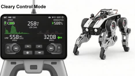 a state-of-the-art robotic control interface demonstrating advanced commands and performance metrics in a versatile quadrupedal robot system