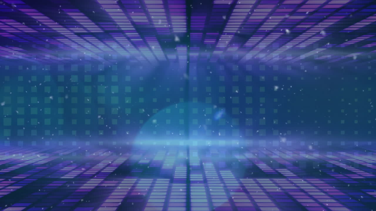 animación de copos de nieve y luces bokeh azules sobre cuadrados púrpuras y azules brillantes