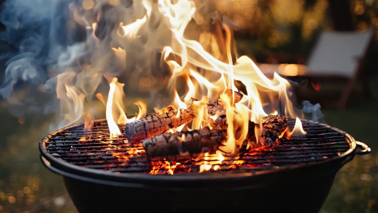 A black grill with a fire burning in it. The fire is orange and yellow. The grill is on a lawn