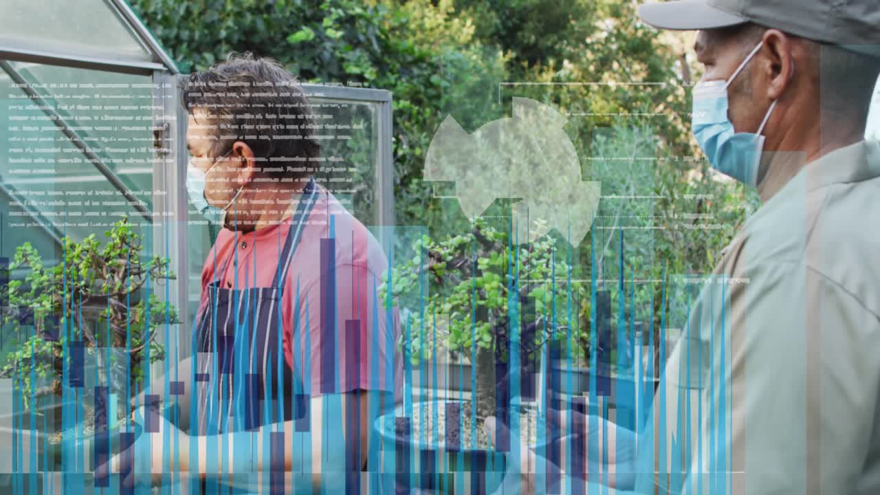 Animazione di elaborazione dati su diversi operai uomini in giardino