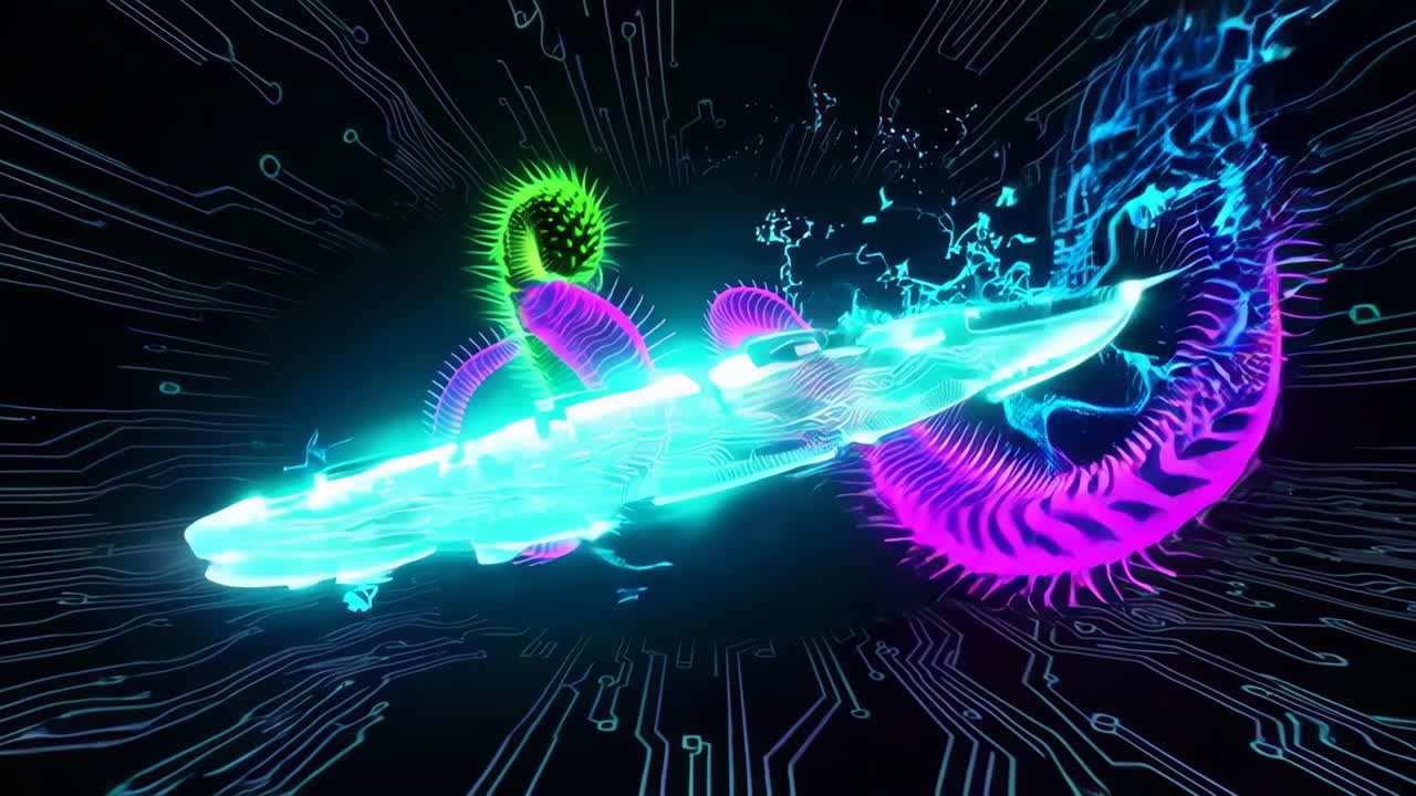 Cyberpunk Glowing Worm in Circuit Board