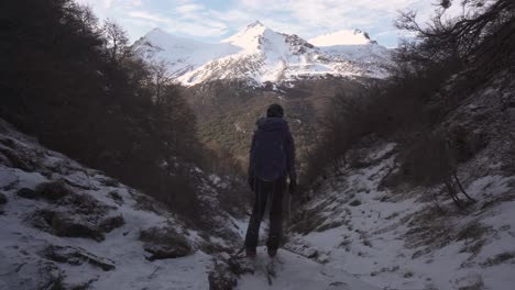 Mujer-Con-Mochila-Y-Equipo-De-Escalada-En-Hielo-Mirando-Un-Glaciar-Soleado