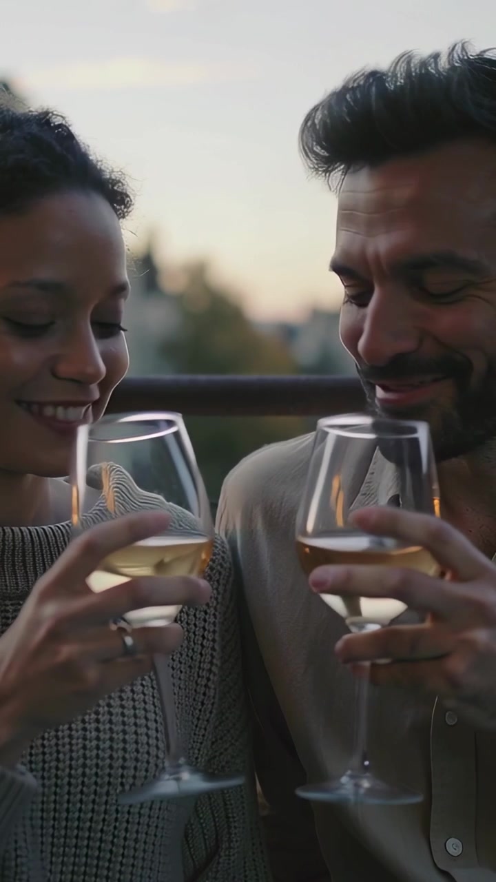Vertical video: Smiling, couple toasting and sipping wine on balcony at dusk, wearing sweater