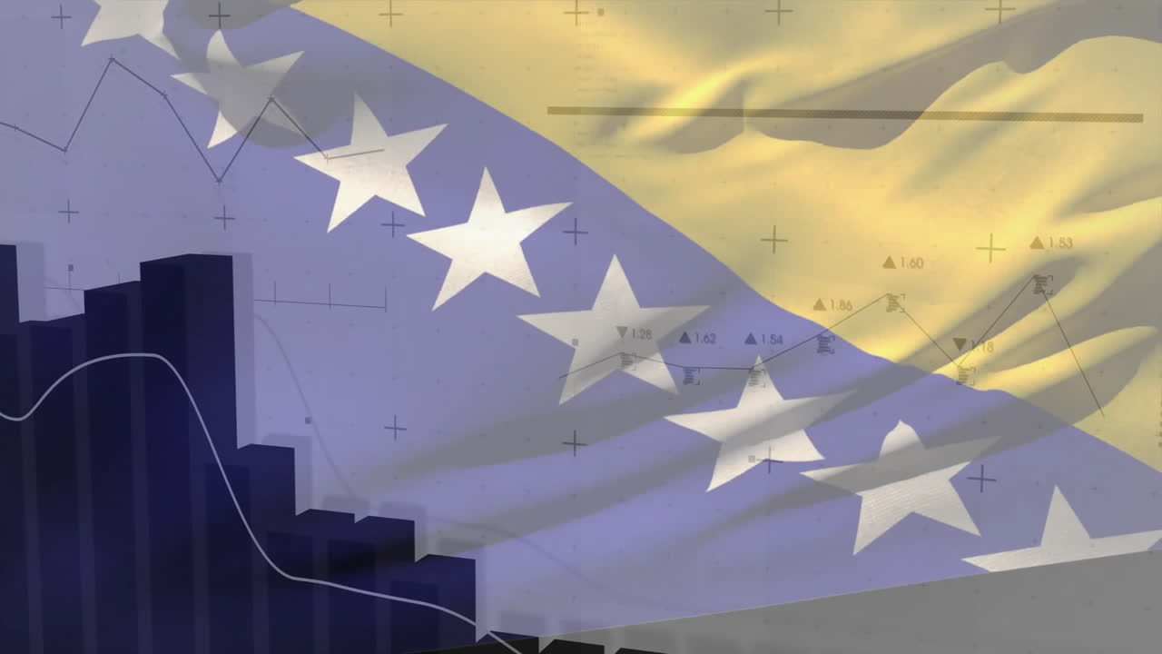 Bosnia and Herzegovina flag overlaying animation of financial data charts in school