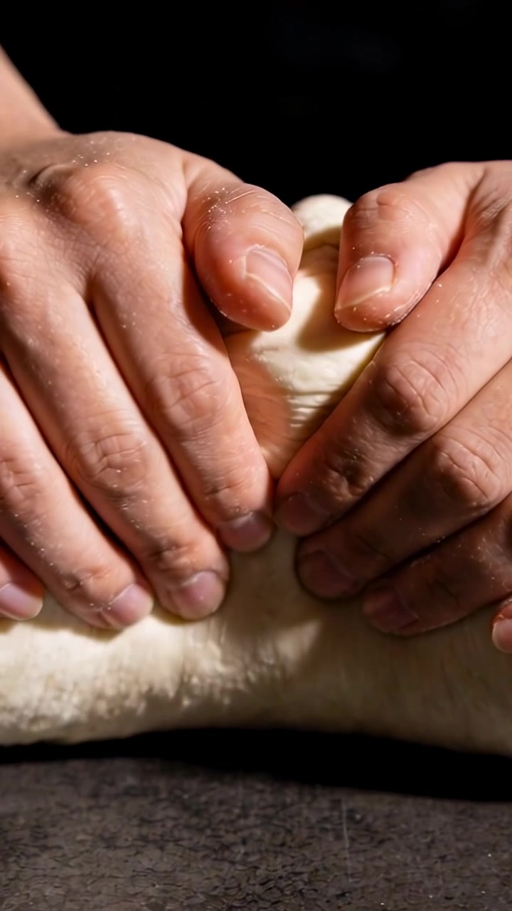 Vertical video: Pressing hands folding, pinching and smoothing dough on dark counter for baking