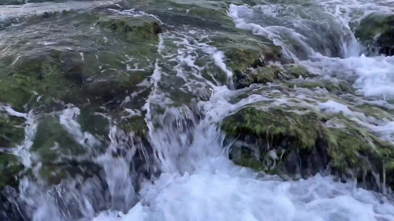 Vagues de l'océan se brisant sur des rochers moussus