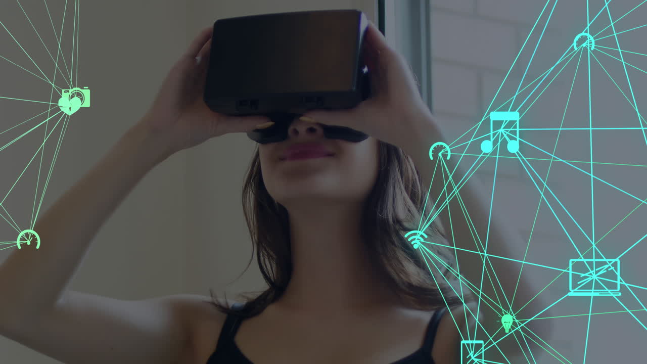 mundo de la red de conexiones contra la mujer usando auriculares vr