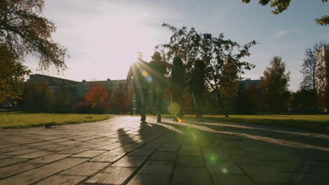 friends walking in a park at sunset