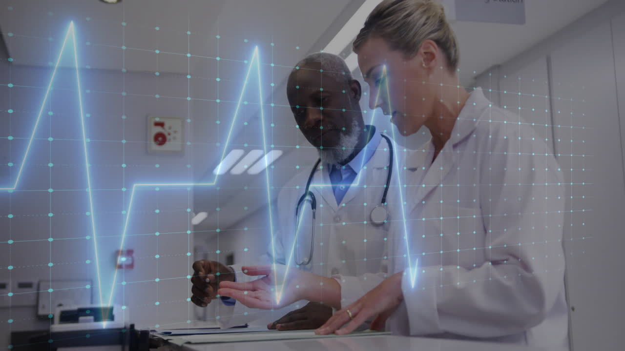 Animation of cardiograph over diverse doctors talking