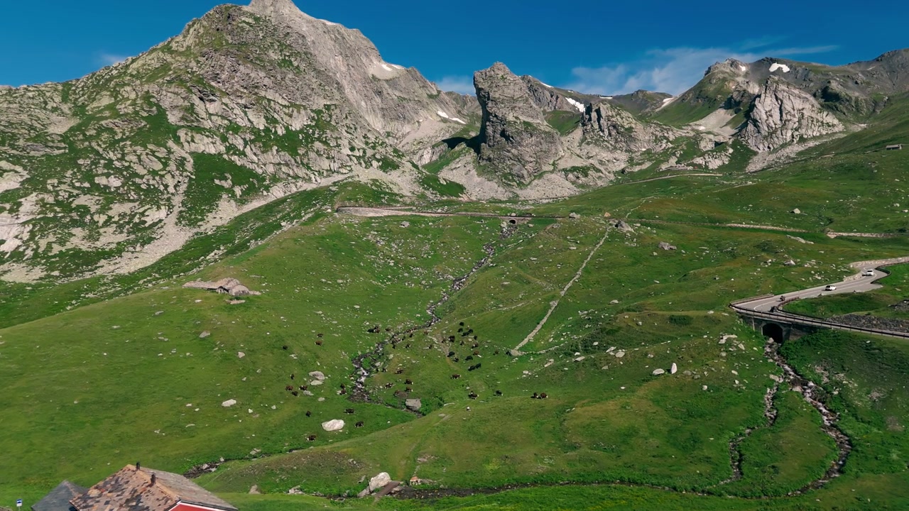 Vista aerea di mucche al pascolo su verdi pendii alpini vicino a un passo di montagna e a edifici