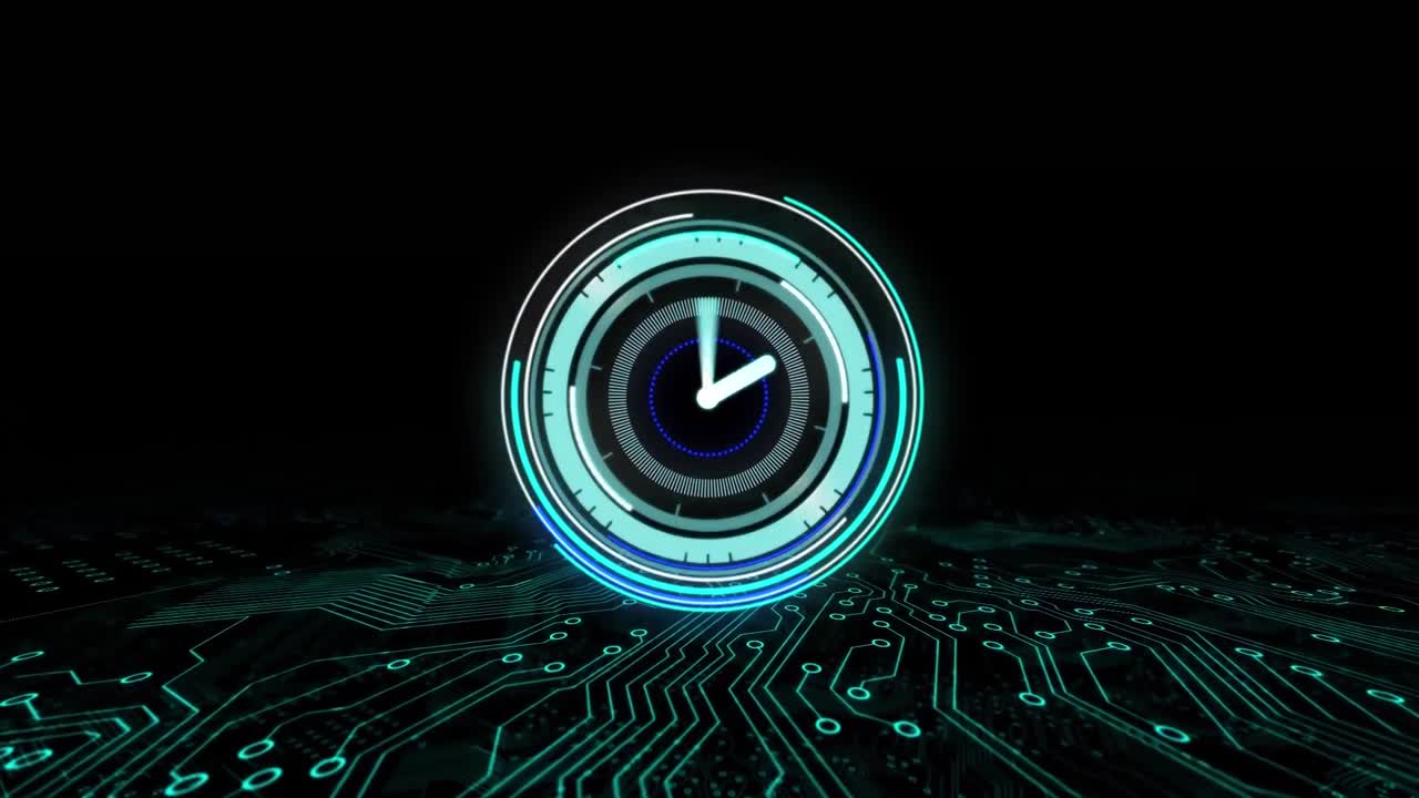 Animation of scope scanning with clock over digital interface on black background