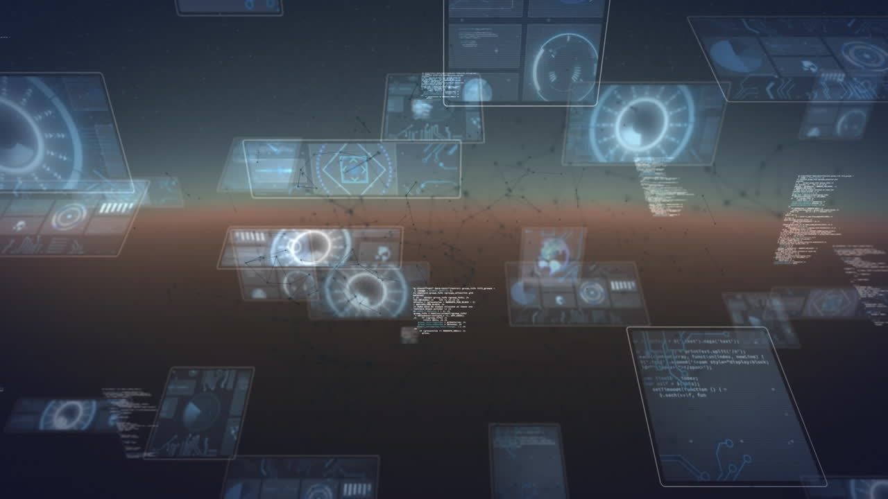 Animation of data processing and shapes moving on black background